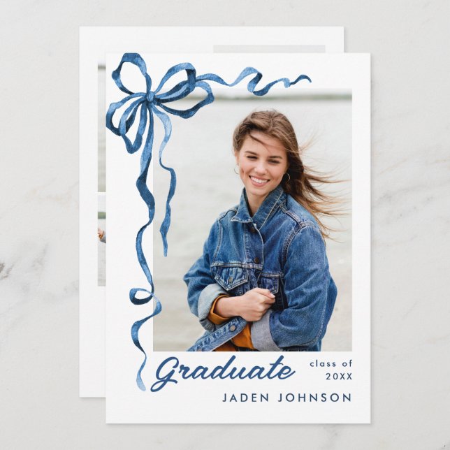 Trendy Blue Bow Ribbon 5 PHOTO Graduation Party Invitation (Front/Back)