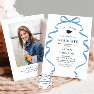 Trendy Blue Bow Ribbon PHOTO Graduation Party Invitation