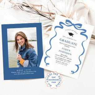 Trendy Blue Bow Ribbon PHOTO Graduation Party Invitation