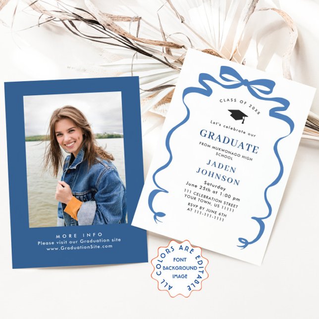 Trendy Blue Bow Ribbon PHOTO Graduation Party Invitation (Creator Uploaded)