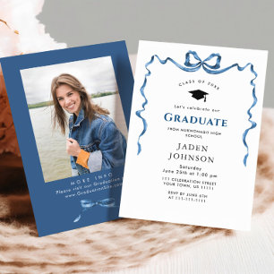 Trendy Blue Bow Ribbon PHOTO Graduation Party Invitation