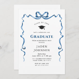 Trendy Blue Bow Ribbon PHOTO Graduation Party Invitation