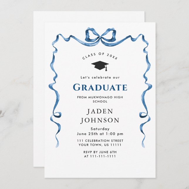 Trendy Blue Bow Ribbon PHOTO Graduation Party Invitation (Front/Back)