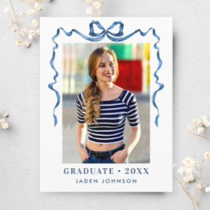 Trendy Blue Bow Ribbon PHOTO Graduation Party Postcard