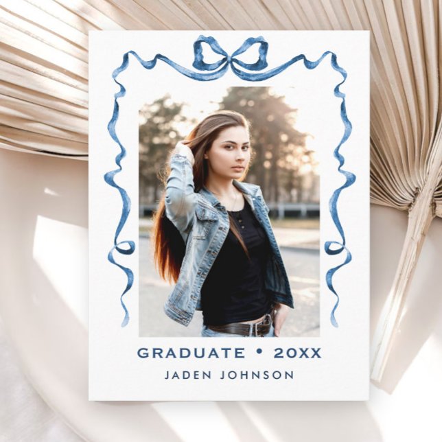 Trendy Blue Bow Ribbon PHOTO Graduation Party Postcard (Creator Uploaded)