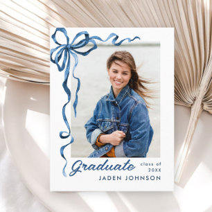 Trendy Blue Bow Ribbon PHOTO Graduation Party Postcard