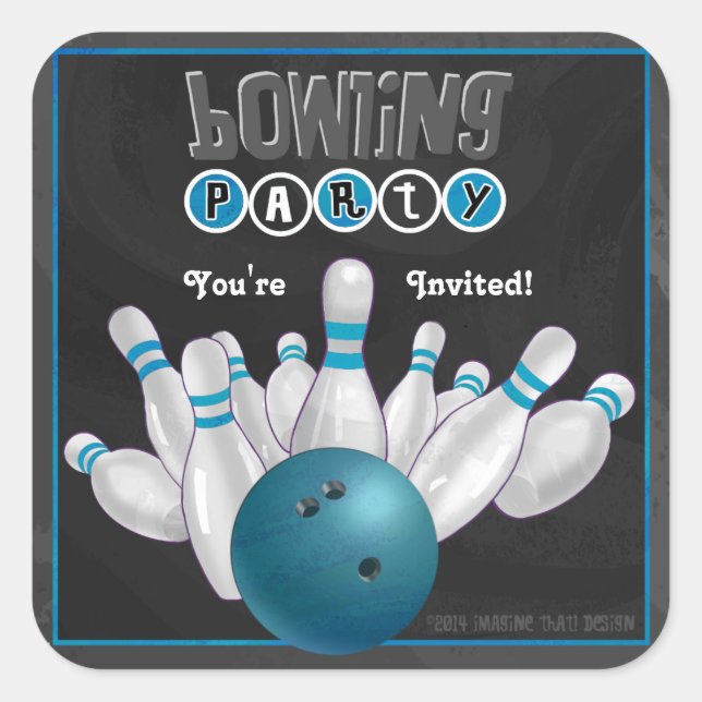 Trendy Blue Bowling Party Invite Sticker (Front)