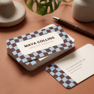Trendy Blue Brown Wavy Chequered Business Card