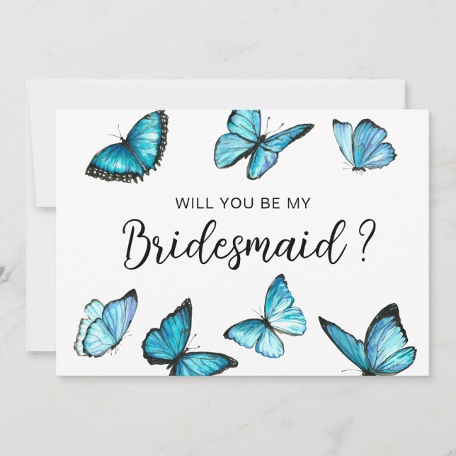 Trendy Blue butterflies. Will You Be My Bridesmaid Invitation (Front)