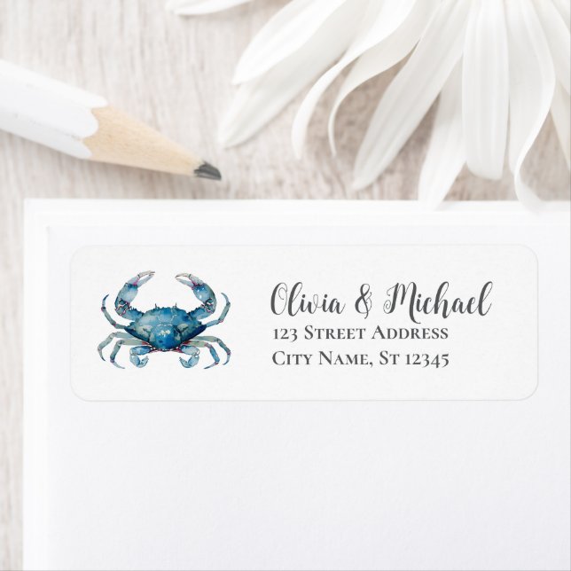Trendy Blue Coastal  Crab Nautical Return Address (Insitu)