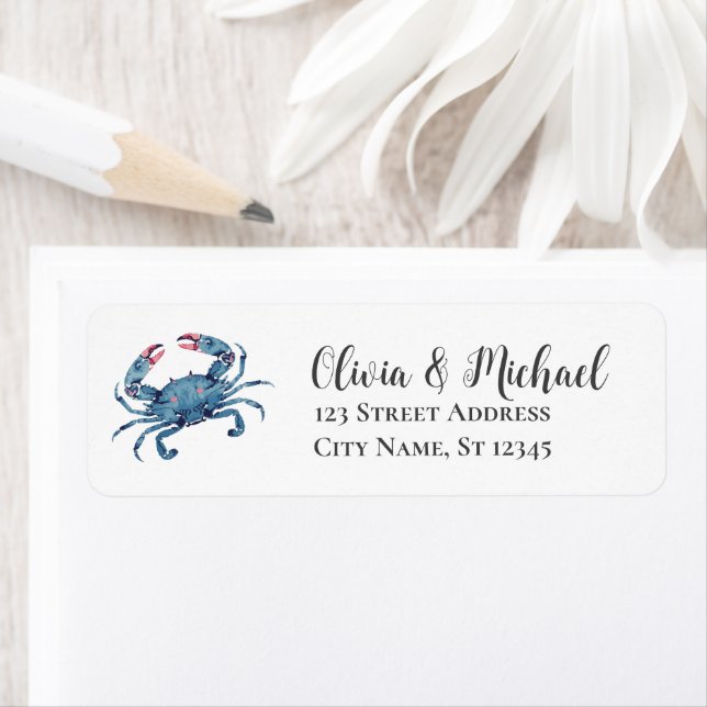 Trendy Blue Coastal  Crab Nautical Return Address (Insitu)