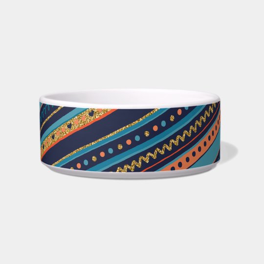 Trendy Blue, Coral & Faux Gold Glitter Stripes Bowl