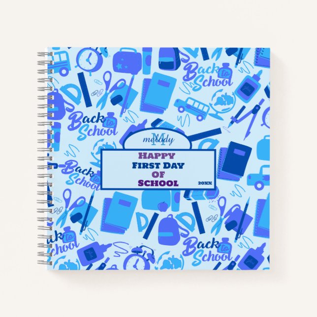 trendy blue Customisable Back to School Pattern Notebook (Front)