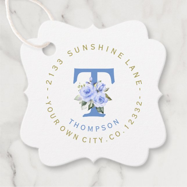 Trendy Blue Floral Circular Address Label (Front)