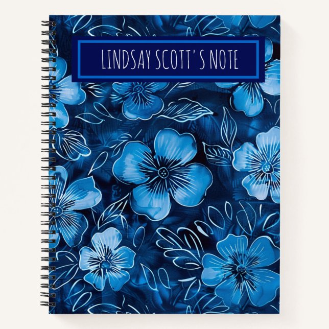 Trendy Blue Floral Custom Name Keepsake Notebook (Front)
