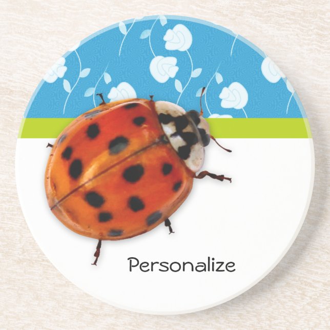 Trendy Blue Floral Ladybug With Name Coaster (Front)