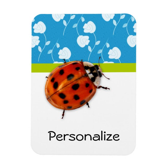 Trendy Blue Floral Ladybug With Name Magnet (Vertical)