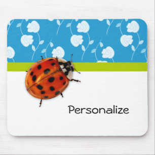 Trendy Blue Floral Ladybug With Name Mouse Mat