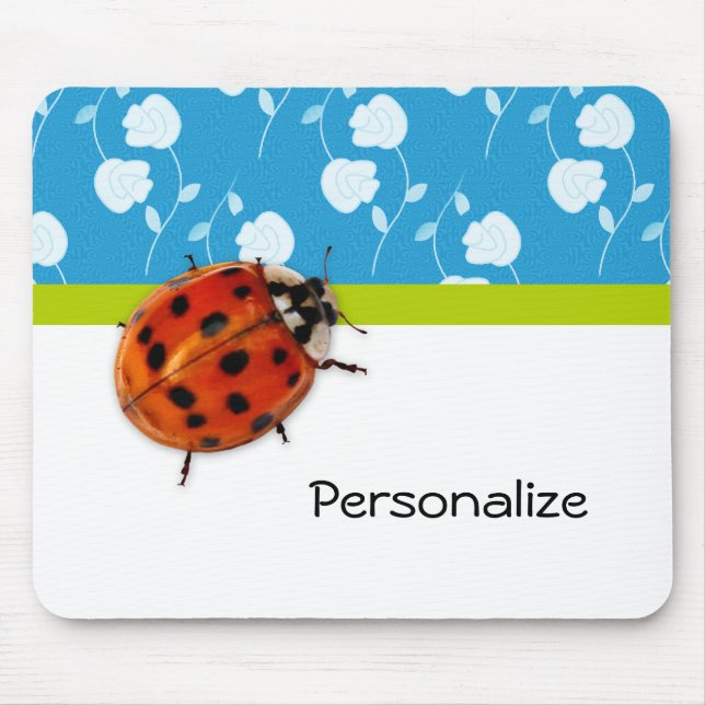 Trendy Blue Floral Ladybug With Name Mouse Mat (Front)
