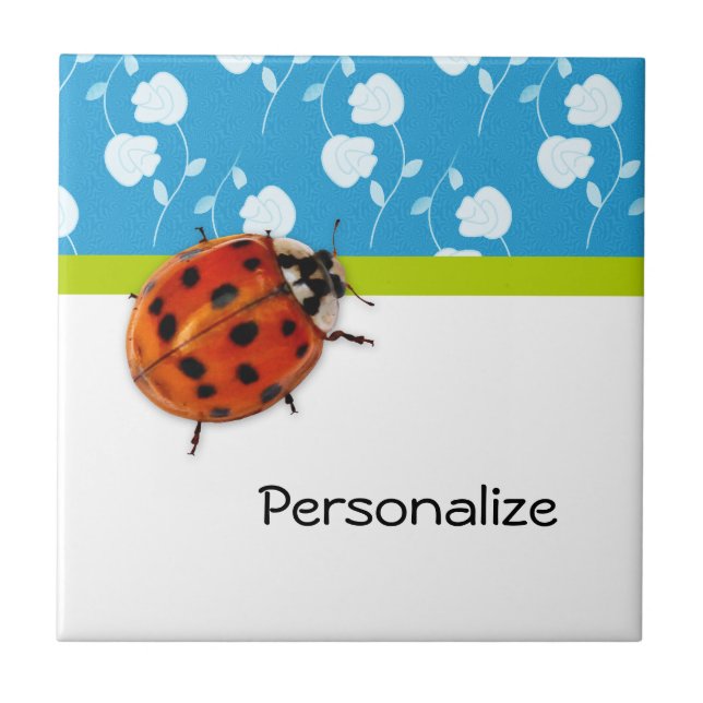 Trendy Blue Floral Ladybug With Name Tile (Front)
