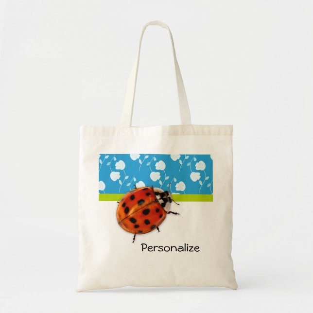 Trendy Blue Floral Ladybug With Name Tote Bag (Front)
