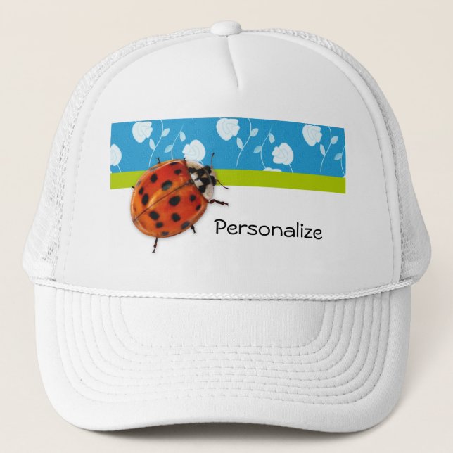 Trendy Blue Floral Ladybug With Name Trucker Hat (Front)