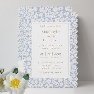 Trendy Blue Floral Wedding RSVP QR & Invitation