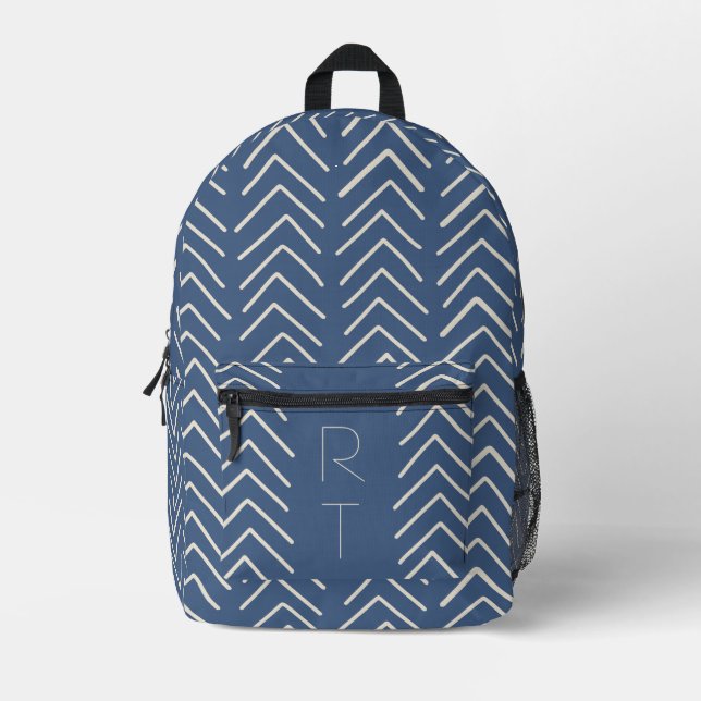 Trendy Blue Geometric Arrows Monogram Initials Printed Backpack (Front)