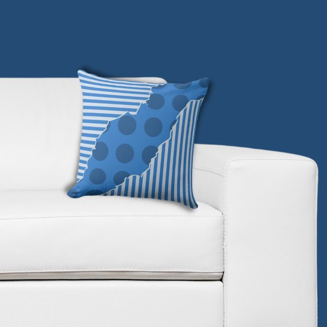 Trendy Blue Geometric Layered Stripes & Dots Cushion (Trendy Blue Geometric Layered Stripes & Dots Throw Pillow)