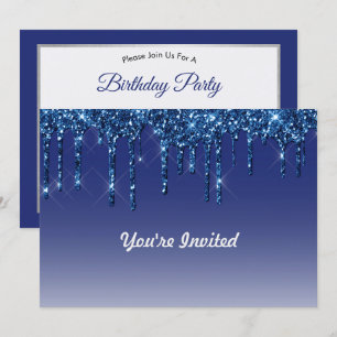 Trendy Blue Glitter Drips Birthday Invitation