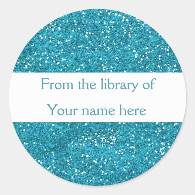 Trendy Blue Glitter Personalised Bookplates Classic Round Sticker (Front)