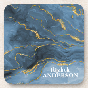 Trendy Blue Gold Agate Geode Marble Monogram Coaster