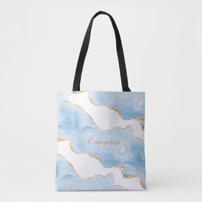 Trendy Blue Gold Agate Personalised Tote Bag (Front)