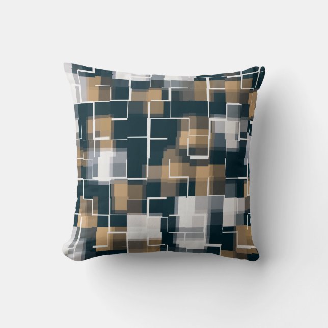 Trendy Blue Gold Brown Black White Plaid Cushion (Front)