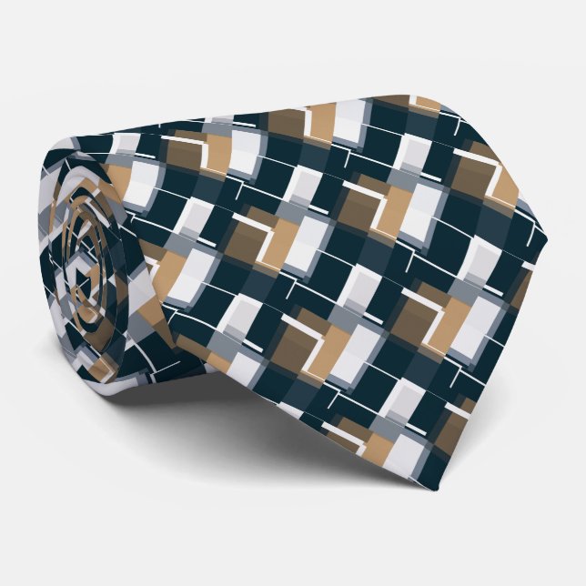 Trendy Blue Gold Brown Black White Plaid  Tie (Rolled)