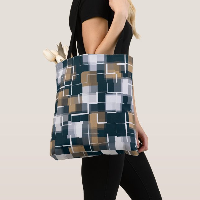 Trendy Blue Gold Brown Black White Plaid Tote Bag (Close Up)