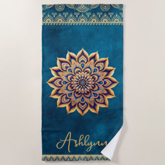 Trendy Blue Gold Mandala Elegant Yoga Customisable Beach Towel