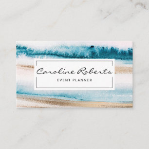 Trendy Blue Gold Watercolor Brushstrokes Elegant Business Card