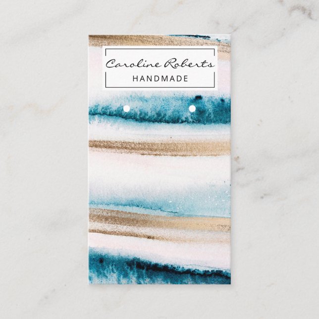 Trendy Blue Gold Watercolor Handmade Earring  Business Card (Front)