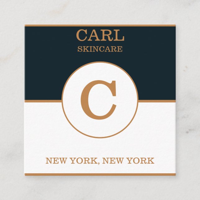 Trendy Blue Goldish Beauty Salon Monogram Square Business Card (Front)