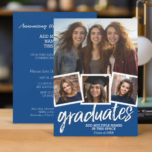 Trendy Blue Graduation Group Party 4 Photo Invitation