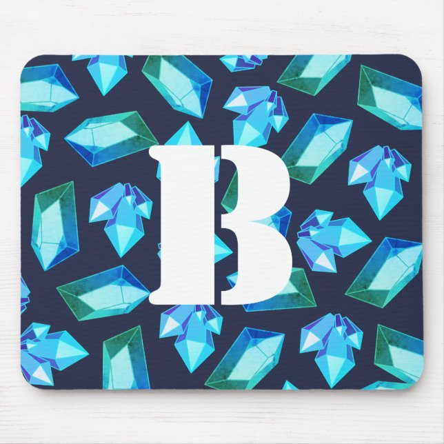 Trendy Blue Green Crystal Gems | Monogram Mouse Mat (Front)