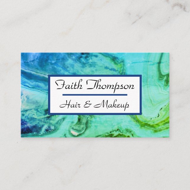Trendy Blue Green Marble Hair Stylist Business Card (Front)