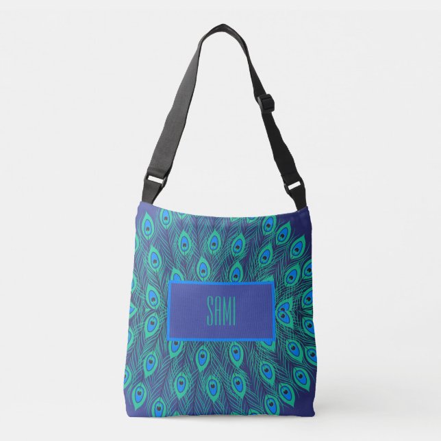 TRENDY BLUE GREEN & TEAL STYLIZED PEACOCK FEATHERS CROSSBODY BAG (Front)