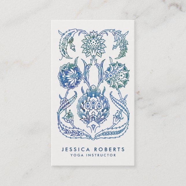 Trendy Blue Green Watercolor Floral Design Business Card (Front)
