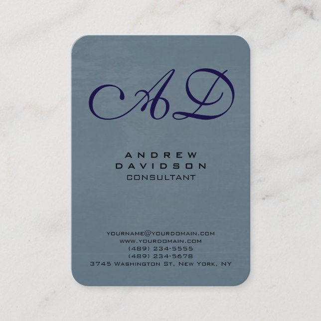 Trendy Blue Grey Handwriting Script Monogram Business Card (Front)
