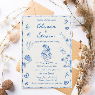 Trendy Blue Hand Drawn Quirky Scribble Wedding Invitation