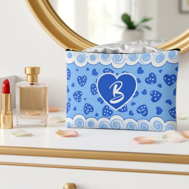 Trendy Blue Hearts With Dots And Swirls Accessory Pouch (Shades of blue monogram makeup bag with white clouds and dark blue hearts. Pretty & feminine.)