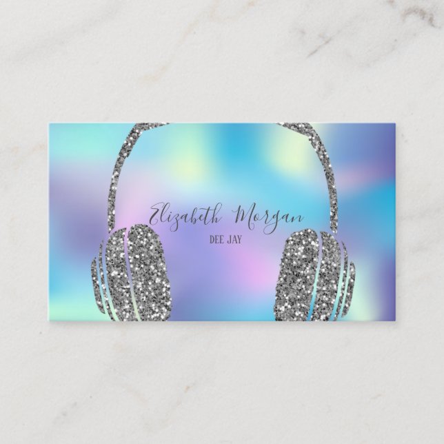 Trendy Blue Holographic Glitter Headphone DJ Business Card (Front)