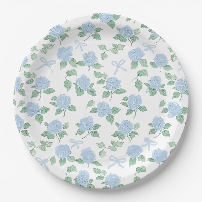 Trendy Blue Hydrangea and Bows Paper Plate (Front)